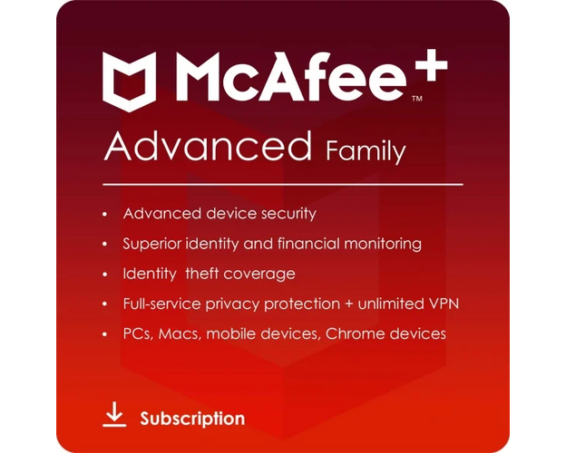 McAfee + Advanced Family 2024-2025, Runtime: 1 Year, Device: Unlimited Devices, image 