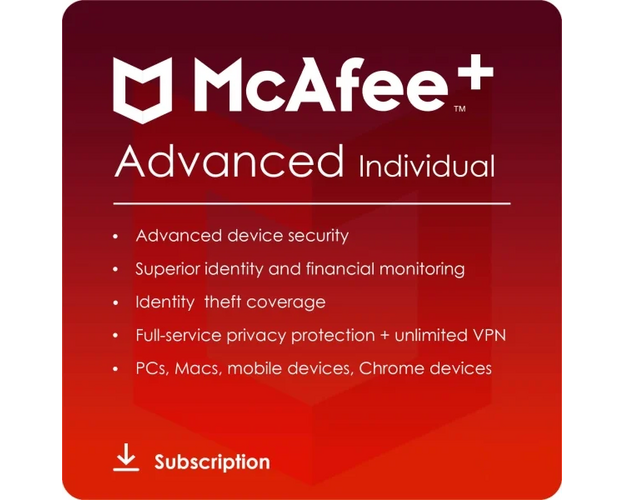 McAfee+ Advanced Individual 2024-2025, Runtime: 1 Year, Device: Unlimited Devices, image 